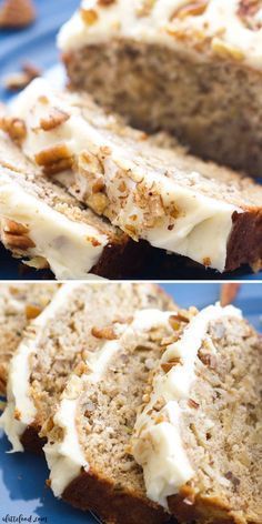 two pictures of slices of banana bread with cream cheese frosting and nuts on top