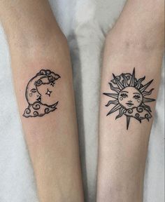 two sun and moon tattoos on both legs