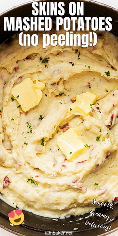 mashed potatoes in a pan with butter and parsley on top