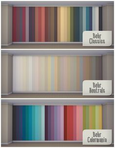 three shelves with different colors and labels on them for each shelf in the same color scheme