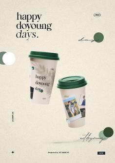 two coffee cups sitting next to each other with the words happy devouring days on them