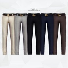 four pairs of men's pants with gold buckles on the waist and sides