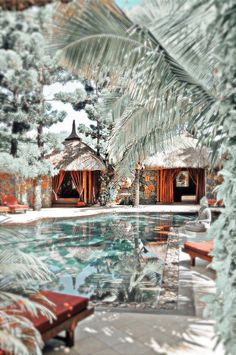 a pool surrounded by trees and benches with thatched roof huts in the background,