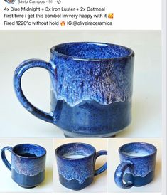 blue mugs with different designs on them are shown in the same photo as each other