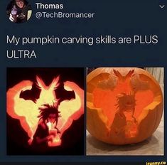 two pumpkins that have been carved to look like they are being carved for halloween