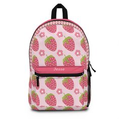 "Have you got room for all that? You will with our roomy and durable backpack, featuring a delightful bright pink strawberry fruit and strawberry flowers pattern in cute kawaii aesthetic over light pink background!  This bag is made from spun polyester and weights 1.3 lbs, just enough to be light, strong and long-lasting. Grab it, stow it, throw it onto the seat next to you, this backpack can take it, and so will you, wherever you go! The charming strawberry pattern is sure to bring a smile to anyone's face. Whether you're purchasing for yourself or as a gift, you can be sure that it's a truly unique and special item that will be treasured for years to come. Everything about it reminds of summer harvest and happy energy. Our customers love gifting this set to loved ones on any occasion, wh Strawberry Merchandise, Strawberry Backpack, Cute Kawaii Aesthetic, Strawberry Flowers, Strawberry Aesthetic, Kawaii Strawberry, Pink Book, Strawberry Flower, Summer Harvest