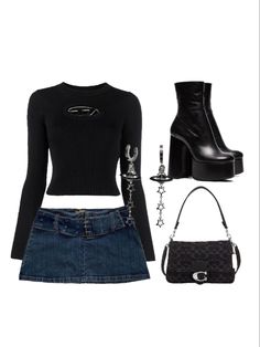 Outfit ideas for the city/ clubbing ❤️ Black shirt denim mini skirt leather boots coach bag outfit ideas outfit inspo. Y2k and grunge inspired look Outfit inspo, y2k outfit inspo, fall inspo Cute Back To School Outfits, Y2k Fashion Early 2000s, Outfits Y2k, Shein Outfits, 2000s Fashion Outfits, Guardian Angels, Y2k Outfits, Mode Inspo