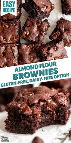 chocolate brownies stacked on top of each other with text overlaying that reads, almond flour brownies gluten - free dairy - free, dairy - free option