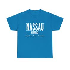 FREE SHIPPING on this item Get lost in paradise with our Nassau Bahamas Unisex Heavy Cotton Tee. Experience the laid back Caribbean life while exploring the stunning beaches and vibrant culture of the Bahamas. Soft, heavy cotton material makes this tee perfect for any adventure. Feel the island vibes and bring a piece of paradise with you wherever you go. The unisex heavy cotton tee is the basic staple of any wardrobe. It is the foundation upon which casual fashion grows. All it needs is a perso Tropical Cotton T-shirt For Vacation, Relaxed Fit Tropical Cotton T-shirt, Tropical Cotton T-shirt With Screen Print, Cotton Tropical T-shirt With Screen Print, Cotton Crew Neck Camp Shirt For Vacation, Vacation Cotton Camp Shirt With Letter Print, Blue Tropical Cotton T-shirt, Vacation Cotton Shirt Pre-shrunk, Tropical Cotton Crew Neck T-shirt