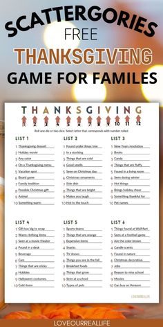 a thanksgiving game for families with the words, scattergories free printable