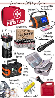 the contents of an emergency kit including flashlights, batteries, and other items are shown