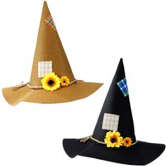 two hats with sunflowers on them are shown in the shape of a witch's hat