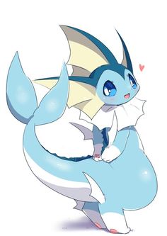 a blue and white pokemon character with long, pointed tail sitting on top of another type of animal