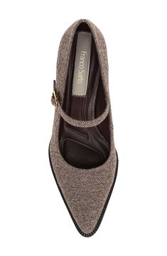 An adjustable mary jane strap adds retro appeal to a poised pump framed by a pointy toe and stacked block heel. 3" heel Adjustable strap with buckle closure Synthetic upper, lining and sole Imported Uniform Shoes, Stylish Outfits For Women Over 50, Brown Fits, Fabric Gift Bags, Franco Sarto, Women's Pumps, Comfortable Shoes, Mary Janes, Dream Closet