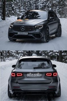 the front and back view of a mercedes suv in the snow with its lights on