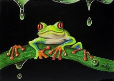 a painting of a frog sitting on a leaf with drops of water coming from its eyes