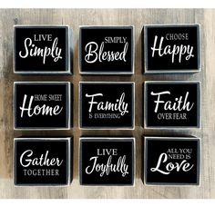 six black coasters with white lettering on them that say, live simply, happy, home, family, and love