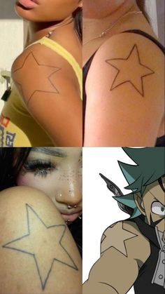 four different pictures with some tattoos on their arms and shoulder, one has an image of a woman's face