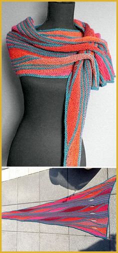 two pictures of a knitted scarf on a mannequin