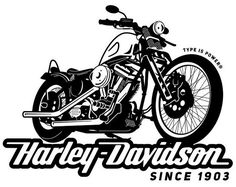 the logo for harley davidson since 1932, with an image of a black and white motorcycle