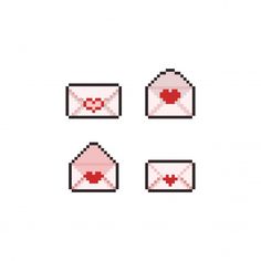 four pixelated envelopes with hearts on them