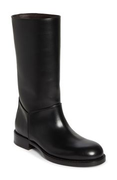 Bring equestrian-inspired style to any look with this riding boot crafted in Italy of burnished leather and framed with a rounded toe and low block heel. Pull-on style Leather upper and lining/leather and synthetic sole Made in Italy Designer Shoes Womens Riding Boots, Riding Boot, Low Block Heels, Fabric Gift Bags, Nordstrom Store, Black Fits, Riding Boots, Gift Bag, Equestrian