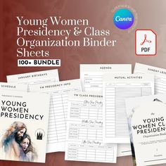 LDS Young Women Presidency and Class Presidencies Organization Sheets for Binders/Folders. Comes with both PDF file (for easy, quick printing) and Canva Template for those wanting to customize. Includes: ✔️5 different Cover Designs for Each President, 1st Counselor, 2nd Counselor, and Secretary in both the Presidency and Class Presidencies ✔️YW Theme ✔️Young Women Presidency Info + Callings ✔️Class Presidencies + Callings ✔️YW Roster ✔️Upcoming Activities Tracker Sheet ✔️Upcoming Lessons Tracker Sheet ✔️Birthdays by Month ✔️Daily, Weekly, and Yearly Calendars ✔️Meeting Note Templates ✔️Event Planning Templates ✔️To-Do Lists + Responsibilities ✔️Brainstorming Templates Organization Sheets, Binder System, Yw Theme, Meeting Notes Template, Lds Yw, Event Planning Template, Meeting Agenda, Lds Young Women, Meeting Notes