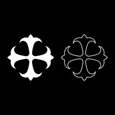 two black and white clovers on a black background, one with four leaf shapes