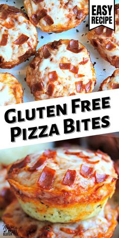 gluten free pizza bites are stacked on top of each other with the words easy recipe