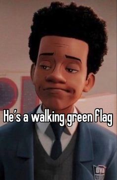 a cartoon character with the words he's a walking green flag on his face