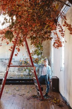 a man standing on a ladder next to a tree with leaves all over it in an abandoned building