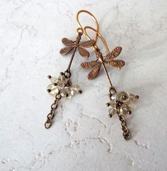 "Bronze Dragonfly Earrings Swarovski and Czech Glass clusters. 2.75\" long. high quality vintage dragonfly connectors, hand made bronze ear wires." Vintage Dragonfly, Dragonfly Jewelry, Dragonfly Earrings, Swarovski Earrings, Jewelry For Her, Clear Quartz Crystal, Silver Filigree, Brass Earrings, Gold Chain Necklace