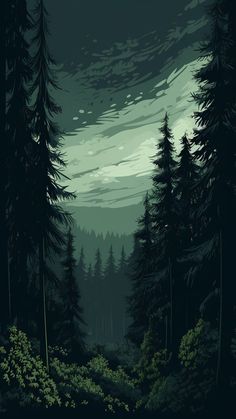 a dark forest filled with lots of trees under a full moonlit sky at night