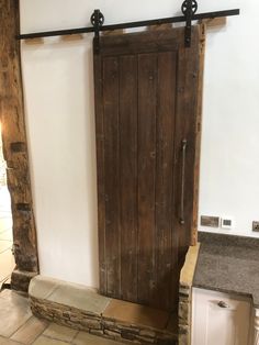 an open wooden door sitting inside of a kitchen