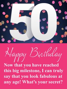 a birthday card with the number 50 on it and confetti in the background