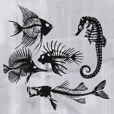 seahorses and fish are depicted in this black and white photo