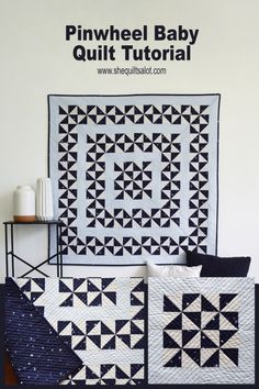 a black and white quilt with the words pinwheel baby quilt pattern on it's side