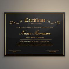 a black and gold certificate with an elegant design on the front, it is displayed