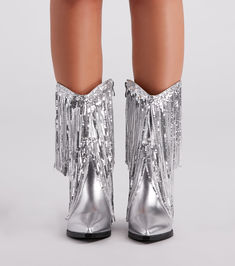 Sparkly Vibes Metallic Fringe Cowboy Boots Western Party Boots With Fringe, Fall Rhinestone Fringe Boots For Night Out, Fall Silver Sequined Boots, Fall Night Out Boots With Rhinestone Fringe, Trendy Party Boots With Fringe, Party Boots With Fringe And Pointed Toe, Trendy Fringe Boots For Party, Pointed Toe Party Boots With Fringe, Trendy Sequined Boots For Fall