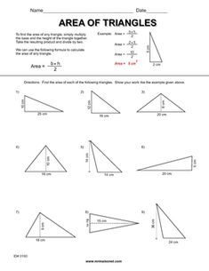 the area of triangles worksheet is shown in this image, and it shows how to