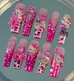 Nails Hello Kitty, Cheetah Print Nails, Bunny Nails, Hello Kitty Nails, Nail Idea, Pink Hello Kitty, Cat Nails