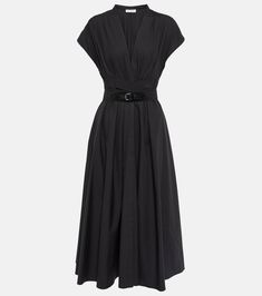 Belted cotton poplin midi dress in black - Alaia | Mytheresa Black Poplin Dress, Soiree Outfits, Alaia Dress, Emerald Dress, White Mules, Black Attire, Midi Length Skirts, Poplin Dress, Belt Shop