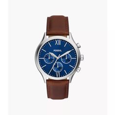 This 44mm Fenmore features a blue sunray dial, multifunction movement and brown leather strap. Fossil leather products support responsible manufacturing via the Leather Working Group. Brown Leather Chronograph Watch Accessories, Blue Leather Watch Accessories With Analog Display, Masculine Brown Leather Watch, Brown Leather Chronograph Watch, Brown Leather Chronograph Watch With Round Dial, Modern Brown Leather Watch, Brown Leather Chronograph Watch With Metal Dial, Brown Chronograph Watch With Leather Strap, Modern Blue Leather Chronograph Watch