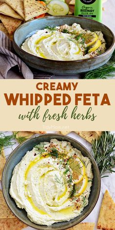 creamy whipped feta with fresh herbs in a skillet and crackers on the side