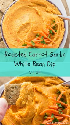 roasted carrot garlic white bean dip in a bowl with a tortilla cracker