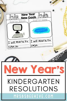 the new year's kindergarten resolution is shown with an image of a clock and other items