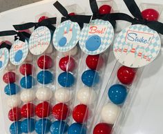 some red, white and blue lollipops are on display