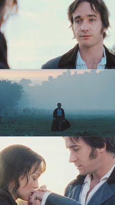 two different pictures with one man and the other woman looking at each other in front of an open field