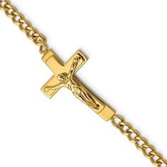 Chisel Stainless Steel Polished Yellow Ip-Plated Crucifix 8.5 Inch Bracelet 15.5 Grams. Fine Jewelry, Bracelets, Themed Bracelets, Religious Bracelets;Fine Jewelry, Bracelets, Mens Bracelets Finish: Polished, Length Of Item: 8.5 In, Plating: Ip-Plated, Chain Length: 8.5 In, Chain Type: Curb, Chain Width: 5.5 Mm, Charm/Element Length: 41 Mm, Charm/Element Width: 25 Mm, Clasp /Connector: Lobster (Fancy), Material: Primary: Stainless Steel, Width Of Item: 5.5 Mm, Packaging: Gift Boxed, Product Type Themed Bracelets, Mens Items, Stainless Steel Polish, Packaging Gift, Mens Jewelry Bracelet, Gold Jewelry Fashion, Selling Jewelry, Bracelets For Men, Fashion Watches