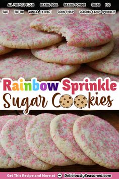 rainbow sprinkle sugar cookies are stacked on top of each other with pink sprinkles